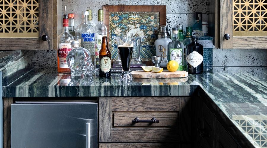 Close up of the bar details at Dumbarton, a home in Houston