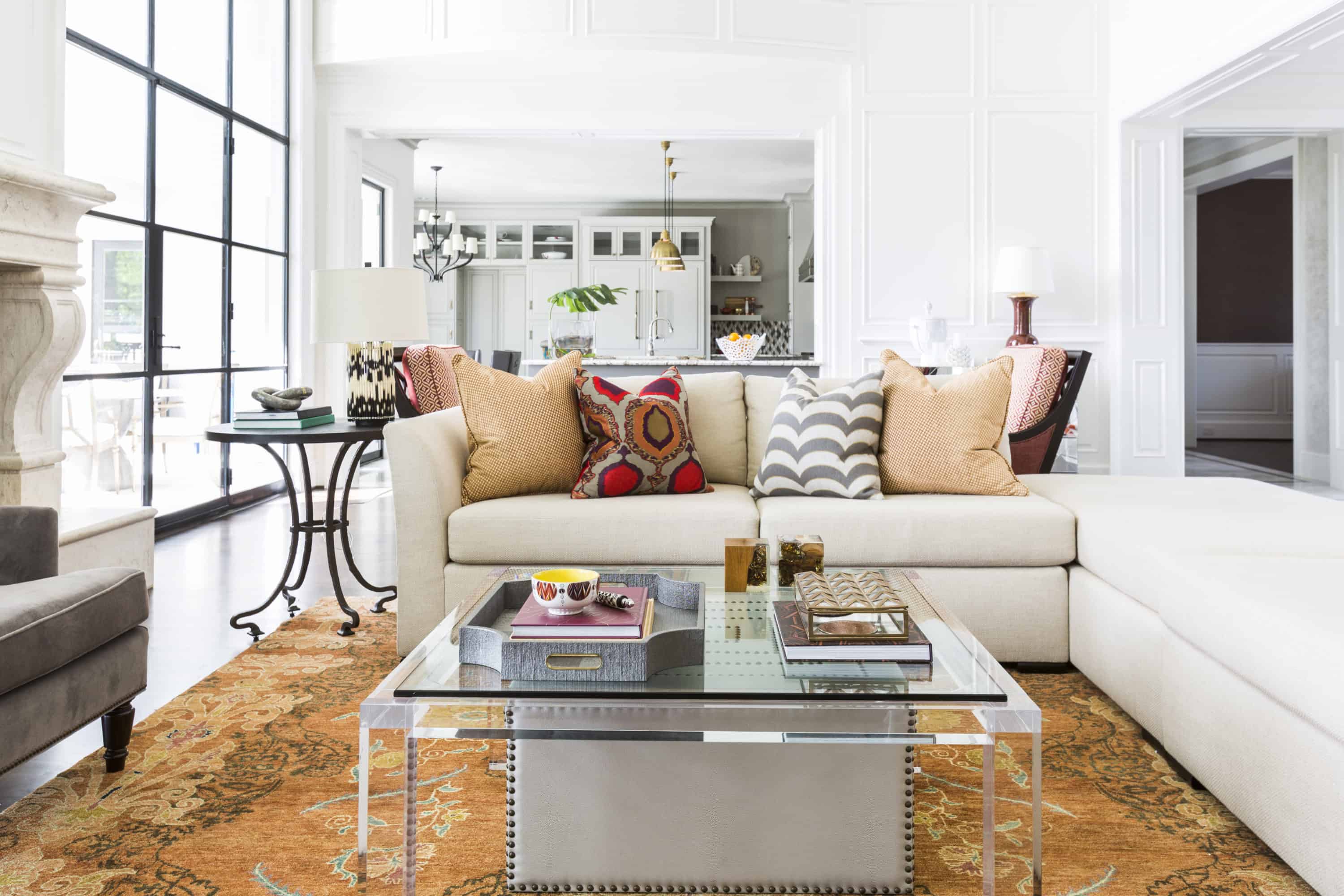 Textures and patterns colorfully play against each other in this living room