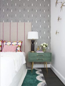 Bold wallpaper in this Classically Current bedroom by Houston Designer Laura U 