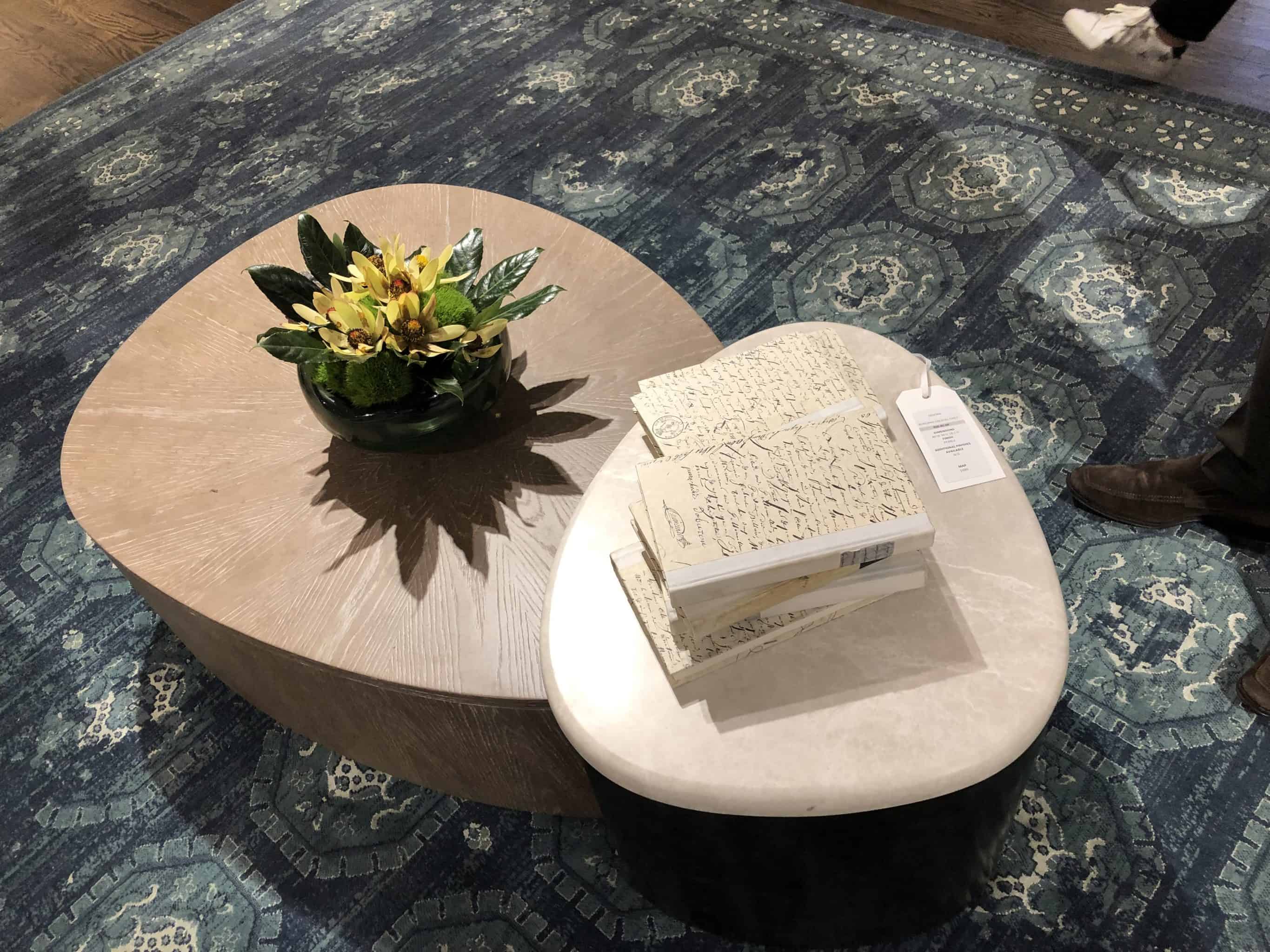 Stacked round tables at High Point Market 2019
