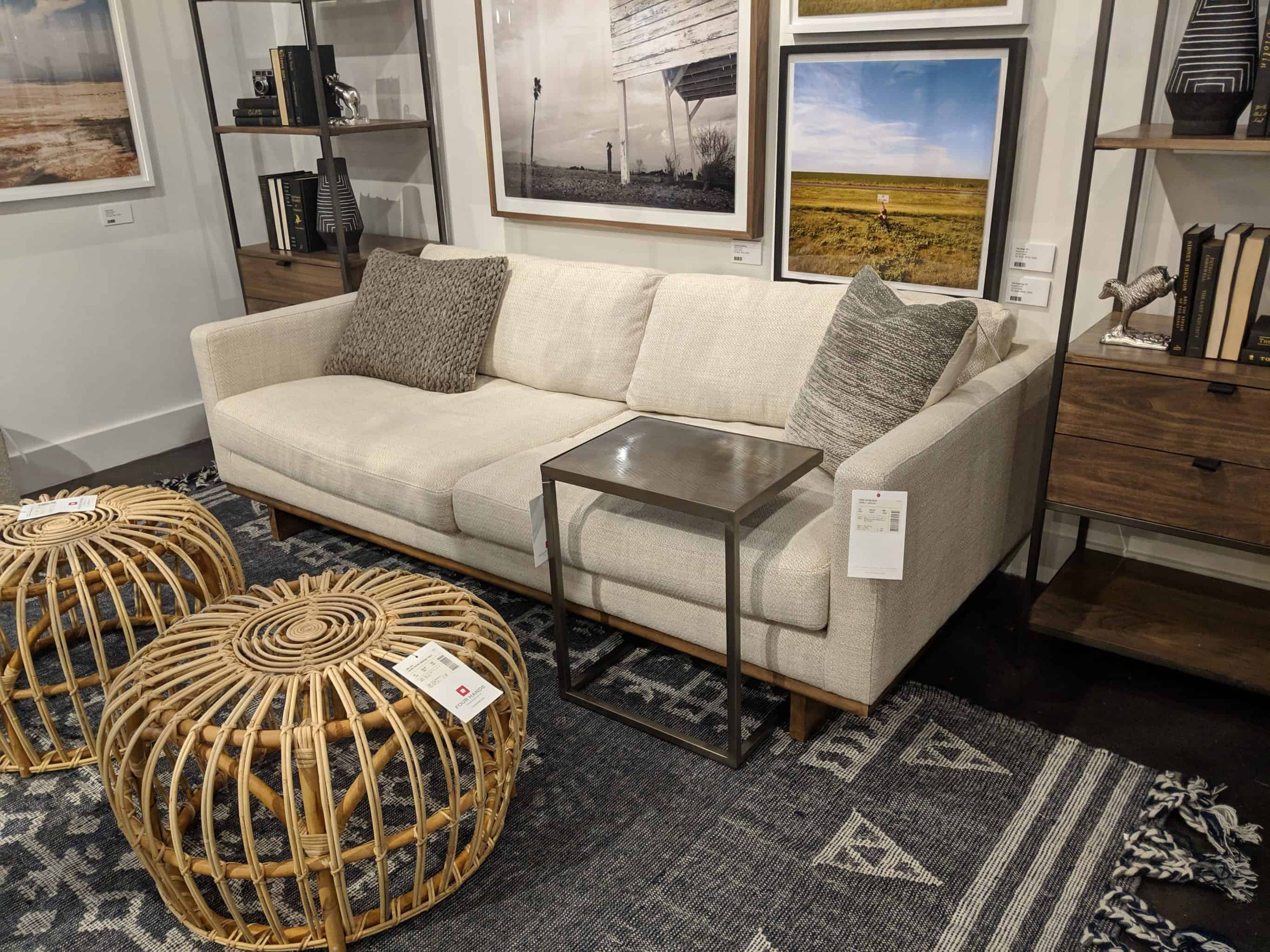 Wicker ottomans at the Four Hands showroom at High Point Market 2019