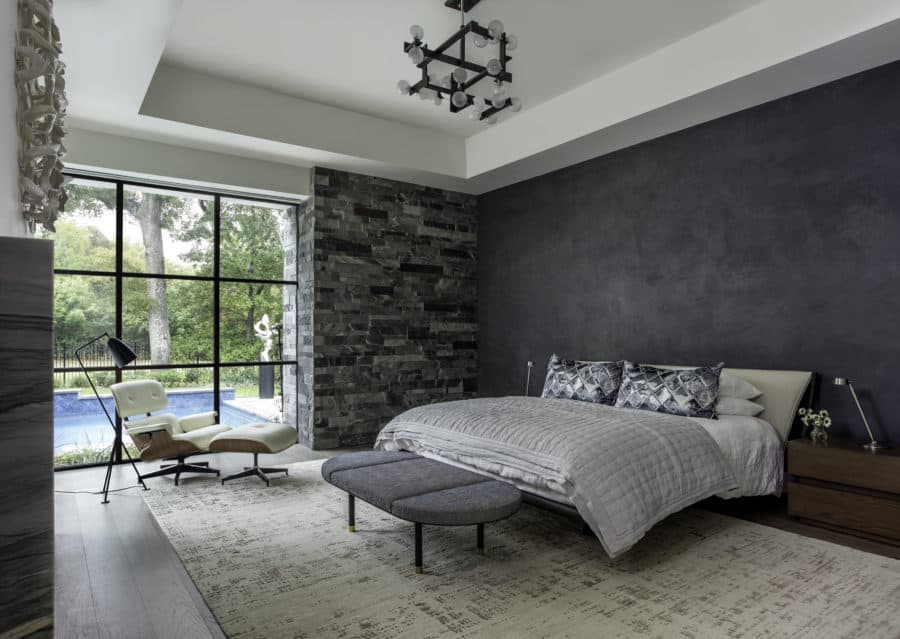 The master bedroom at Regentview with Network Pendant from Troy Lighting