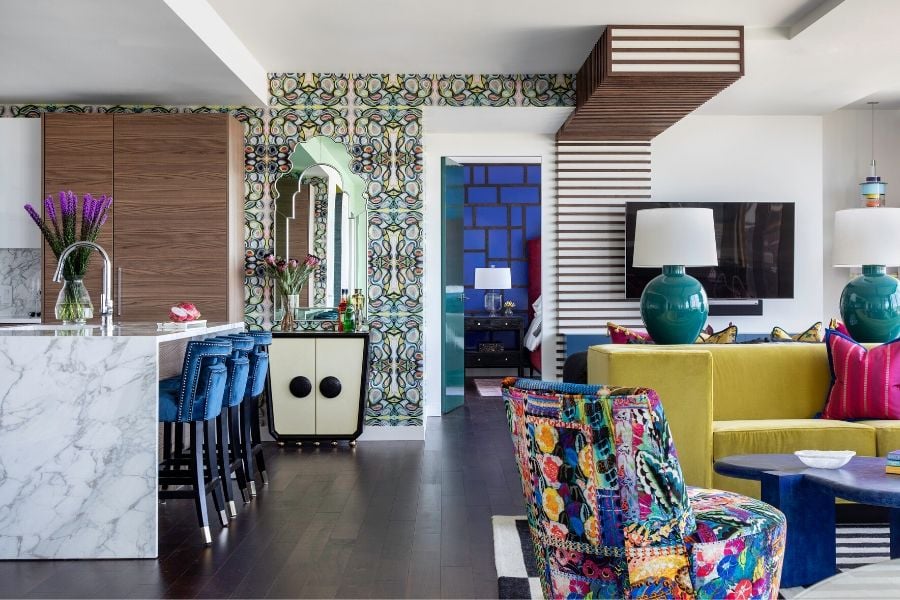 The vibrant interior of the pied a terre at The River Oaks, featured in Luxe