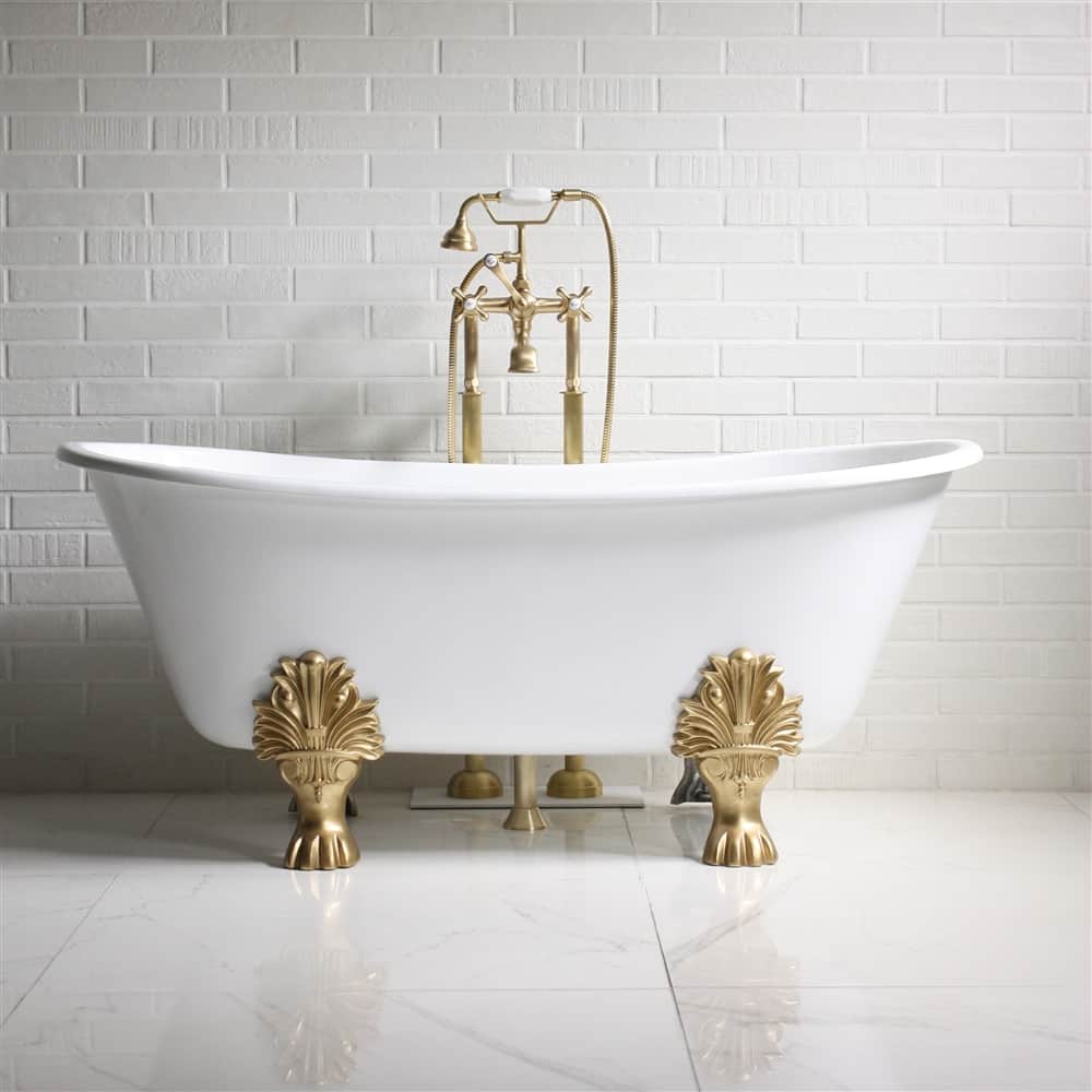 A brushed gold looks so regal against the white of the Penhaglion Fountain"s tub