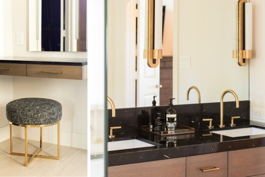 A close up of the new vanity and Zuo Home stool at Rice
