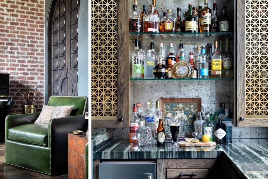 An Irish green leather chair next to the bar in Dumbarton home