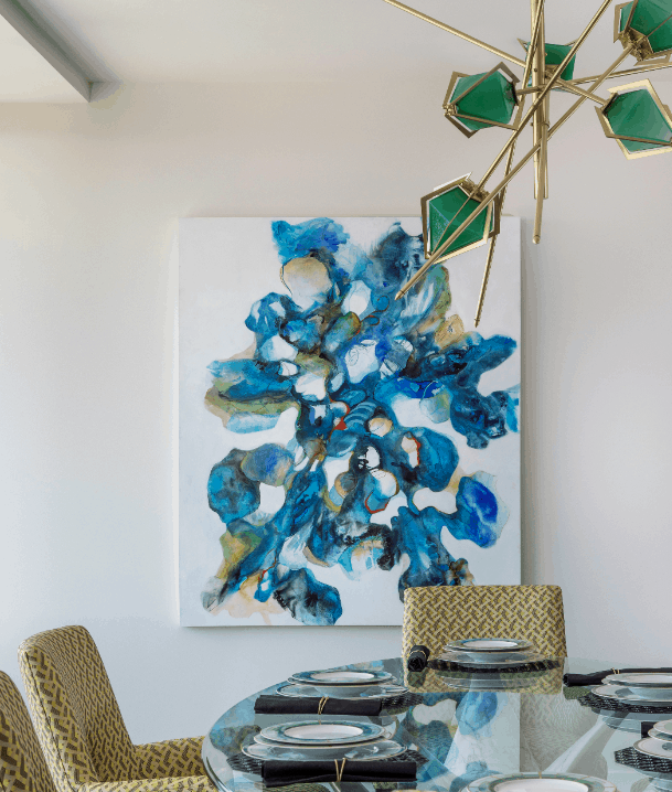 Art for High-Rise: Cookie Ashton painting in elegant dining room by Laura U Interior Design