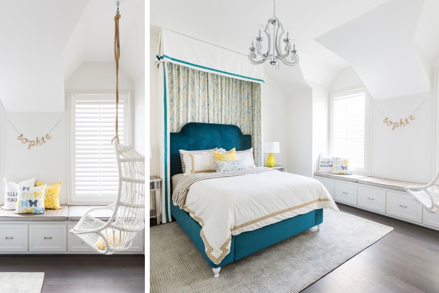 A teal and cream colored bedroom for a young girl, designed by Laura U