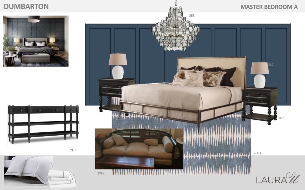 Blue and white Concept board for master bedroom by Laura U Design Collective