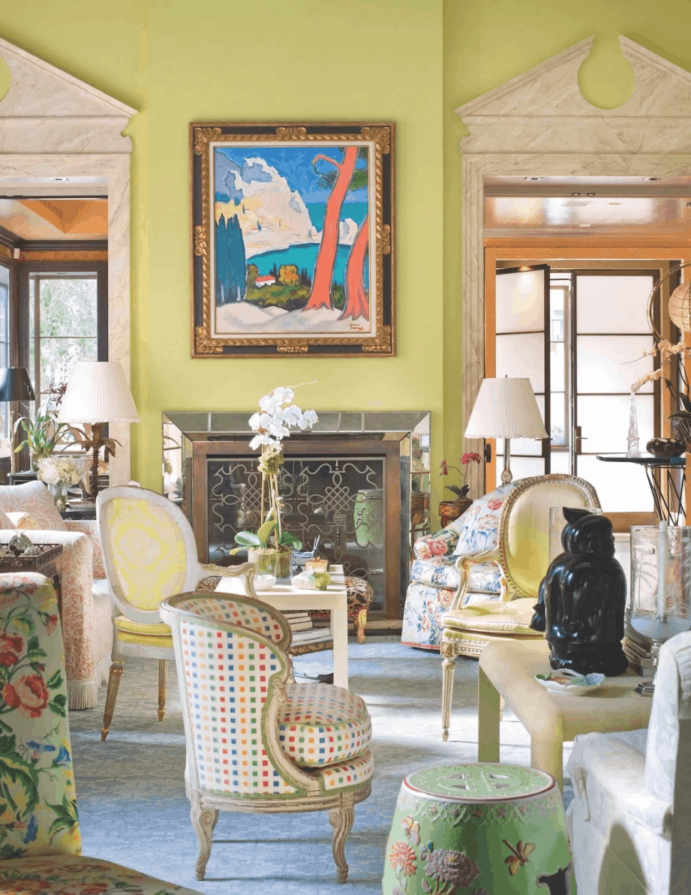 Colorful chintz living room interior design by Mario Buatta