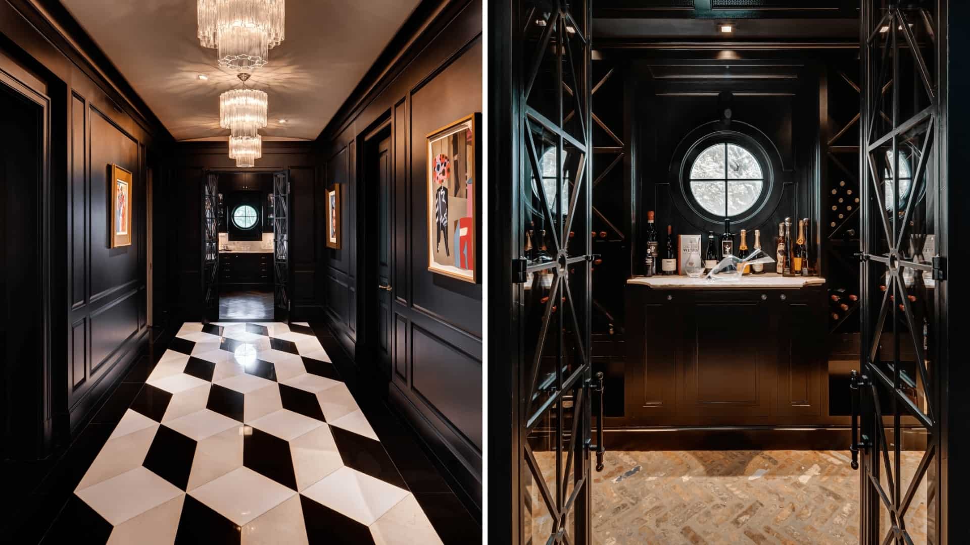 Contrasting black and white tile lends bold drama to this hallway