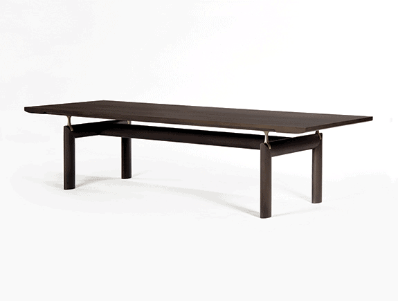 Dark woord rectangular dining table with raised top and brass hardware