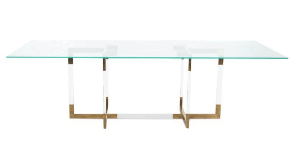 Glass top rectangular dining table with lucite and gold table base