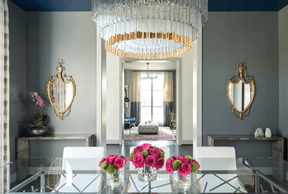 Gold ornate vintage mirrors in transitional dining room - Laura U Interior Design