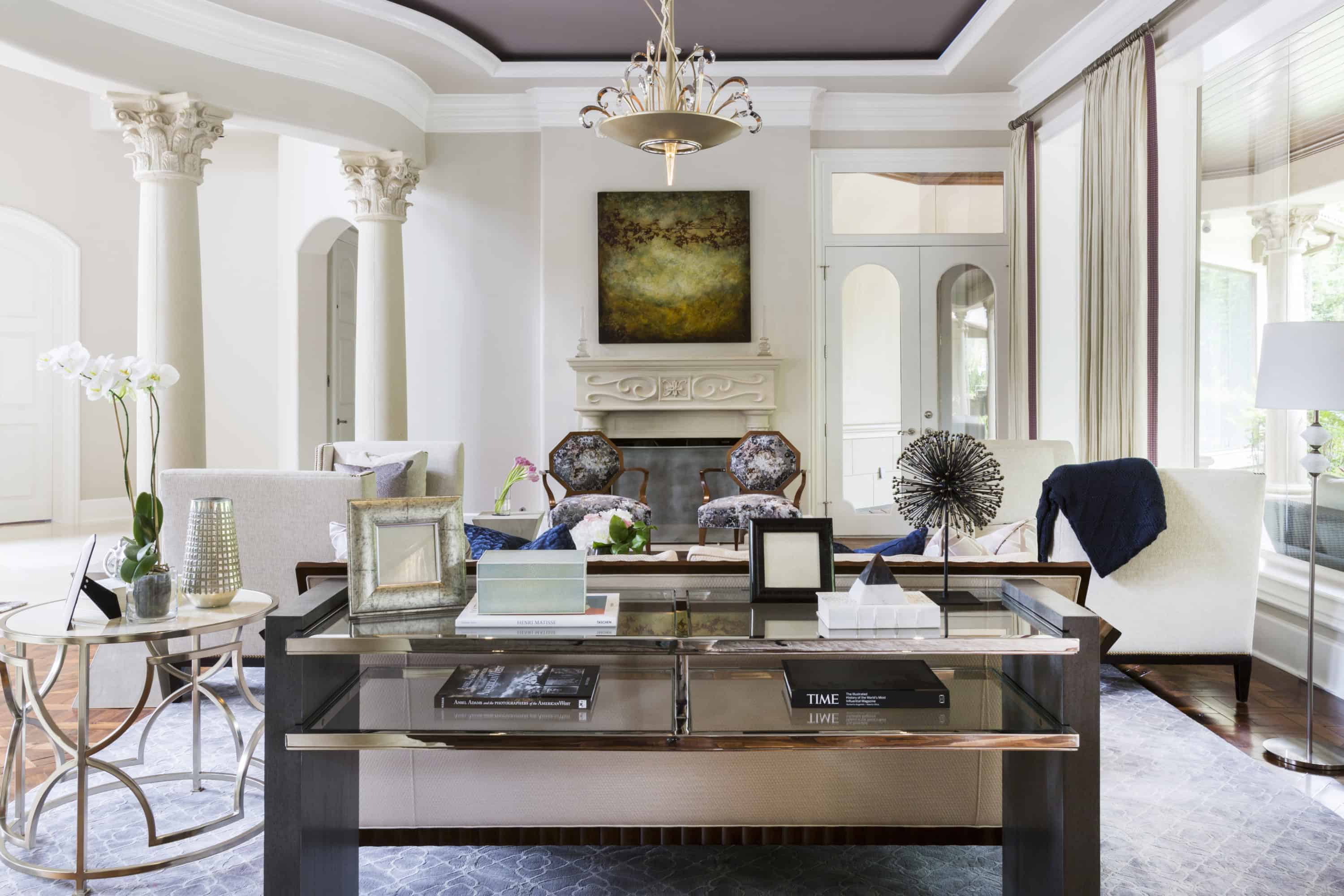 Beautiful octagonal chairs from Century Furniture add sophistication to this regal living room