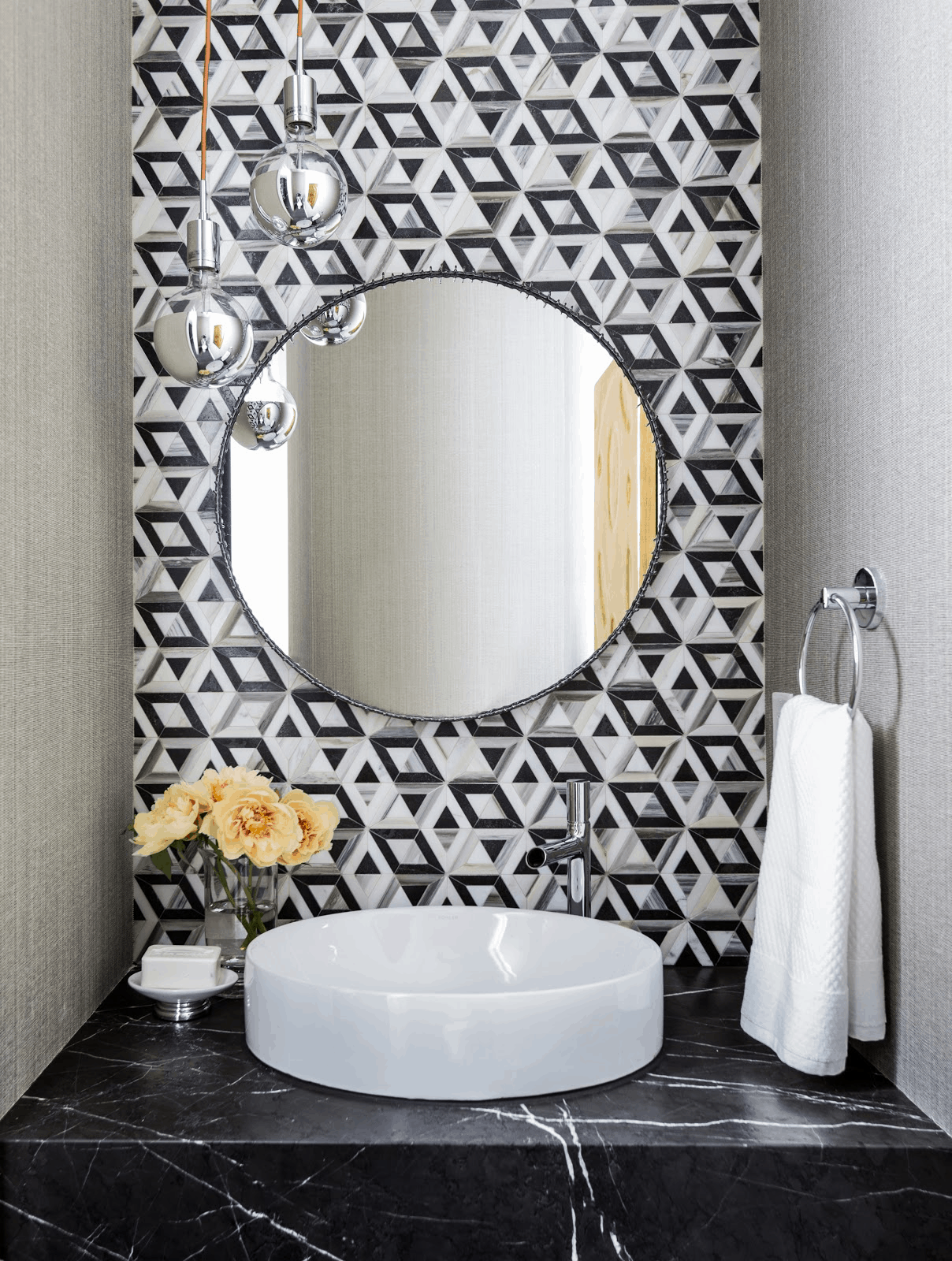 Liaison Kelly Wearstler tile by Ann Sacks - Laura U Interior design black and white powder bathroom