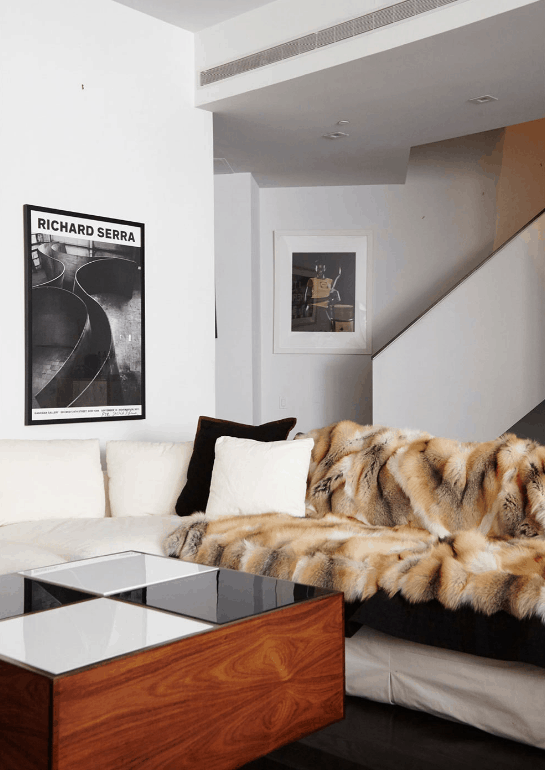 Living room interior design idea featuring vintage fur throw from Sasha Bikoff