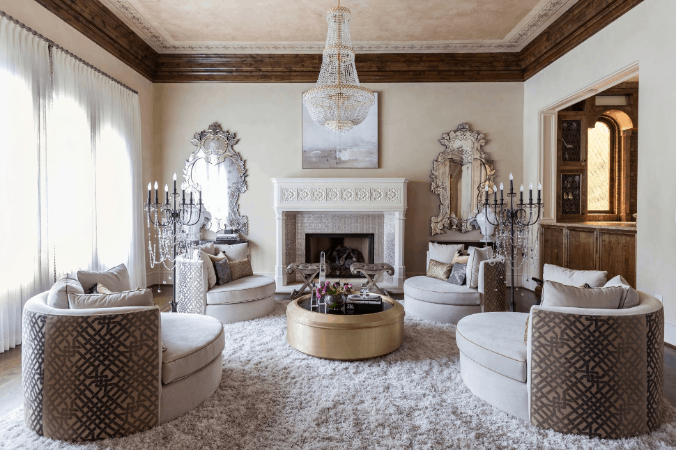 Pair of antique mirrors in transitional living room - Laura U Interior Design