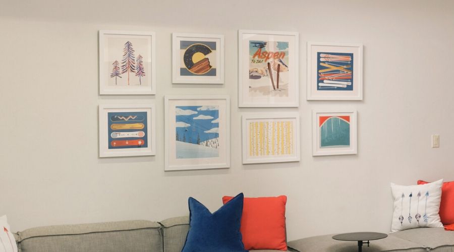 Prints from Etsy and Society6 form a gallery wall at our Mountainview project.