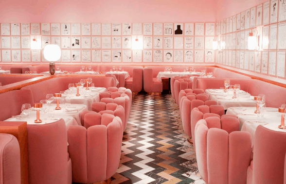 The dining room at Sketch is a bubble gum pink and so bright!