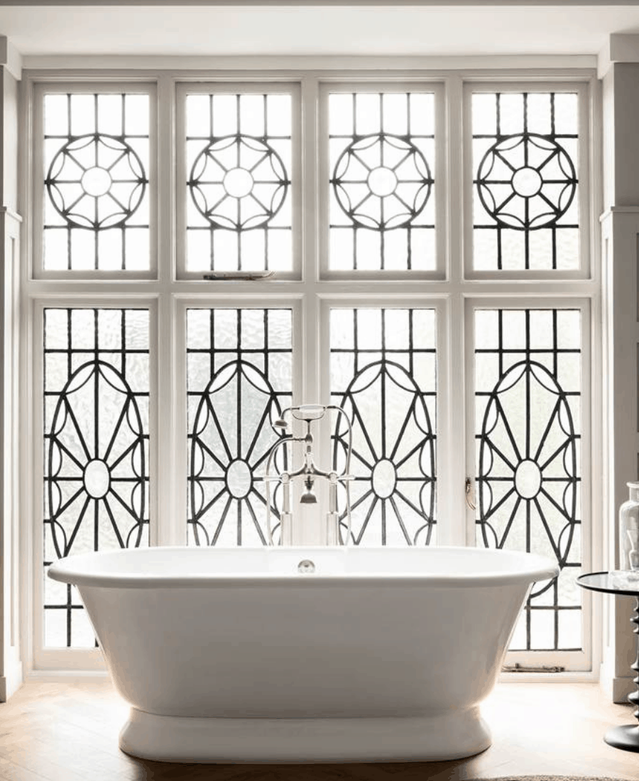 The York Tub ooks fabulous against the black panes of these windows