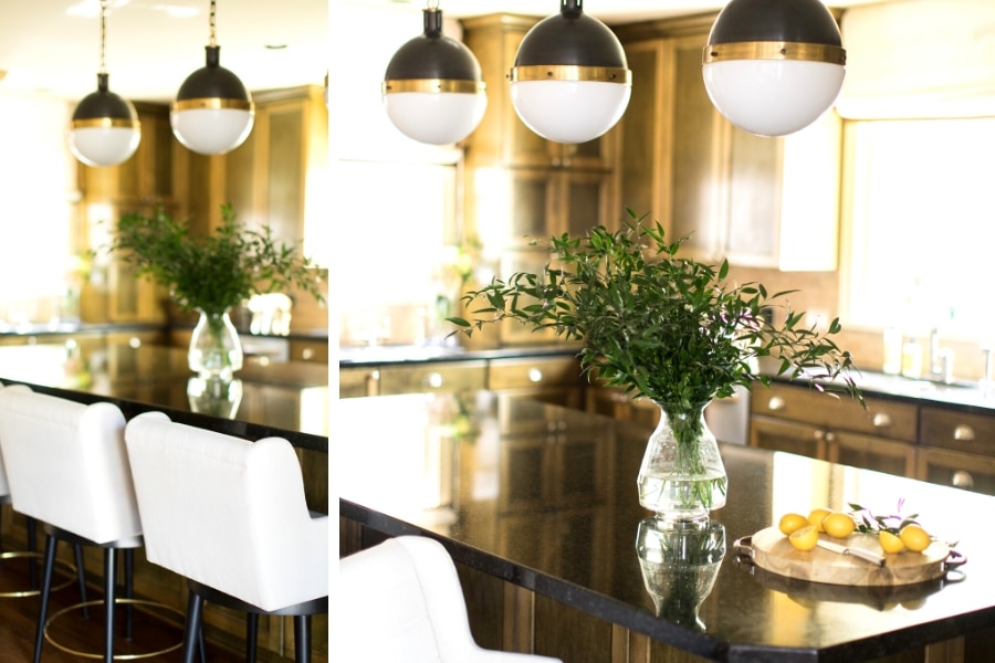 The kitchen at Rice, with new Circa Lighting pendants in black and brushed brass