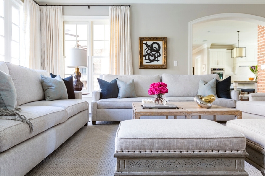 The living room at Creekside in Houston with French Country Modern design