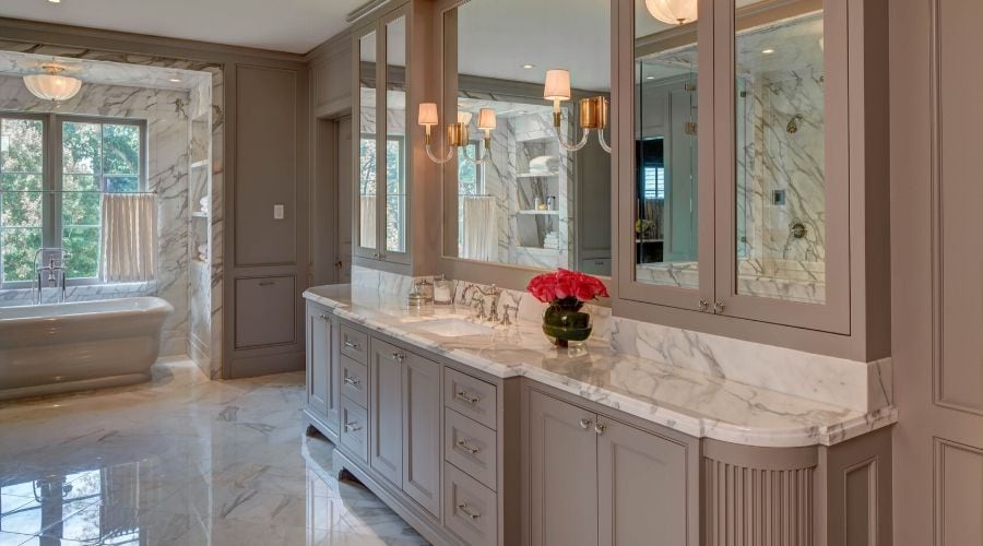 This spa-like bathroom has a palette of French gray and marble. Very chic.