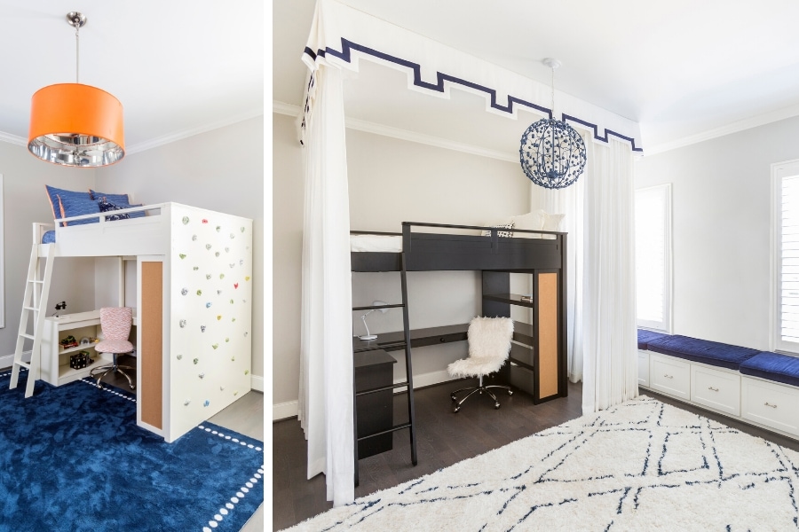 Two boys rooms, one with traditional Moroccan rug and the other with a rock wall