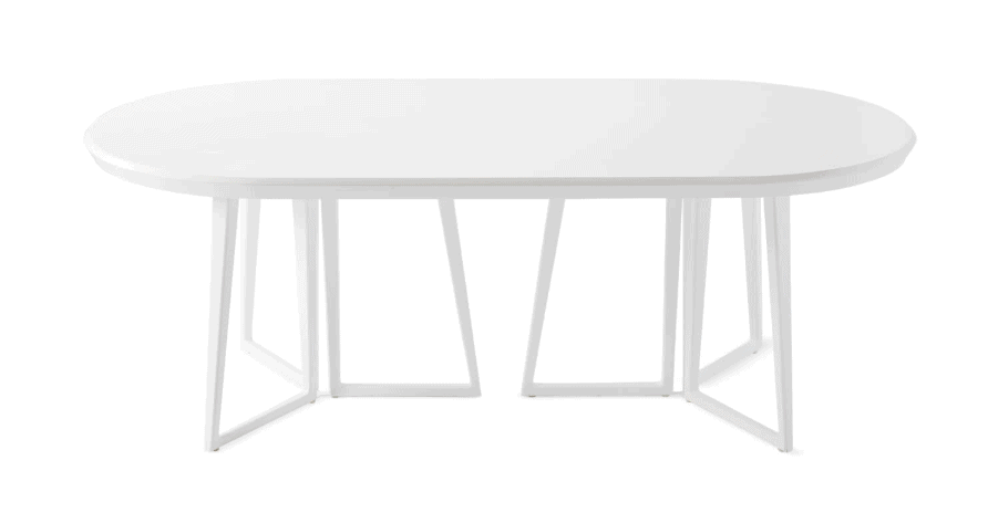 white oval dining table with geometric legs from Serena & Lily