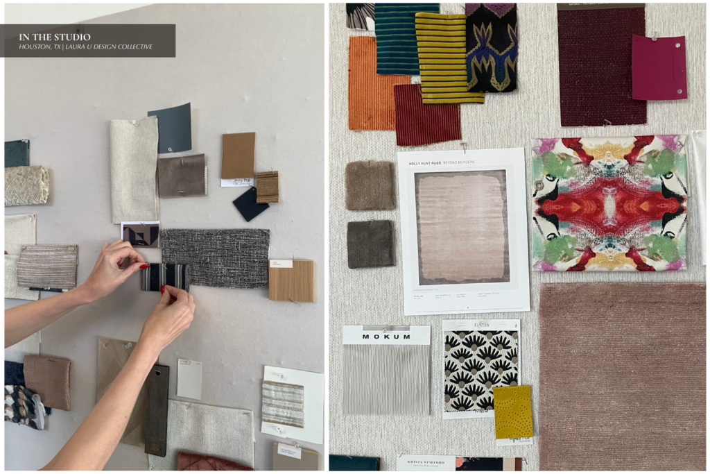 Pinning swatches to mood boards in the studio at Laura U Design Collective Houston
