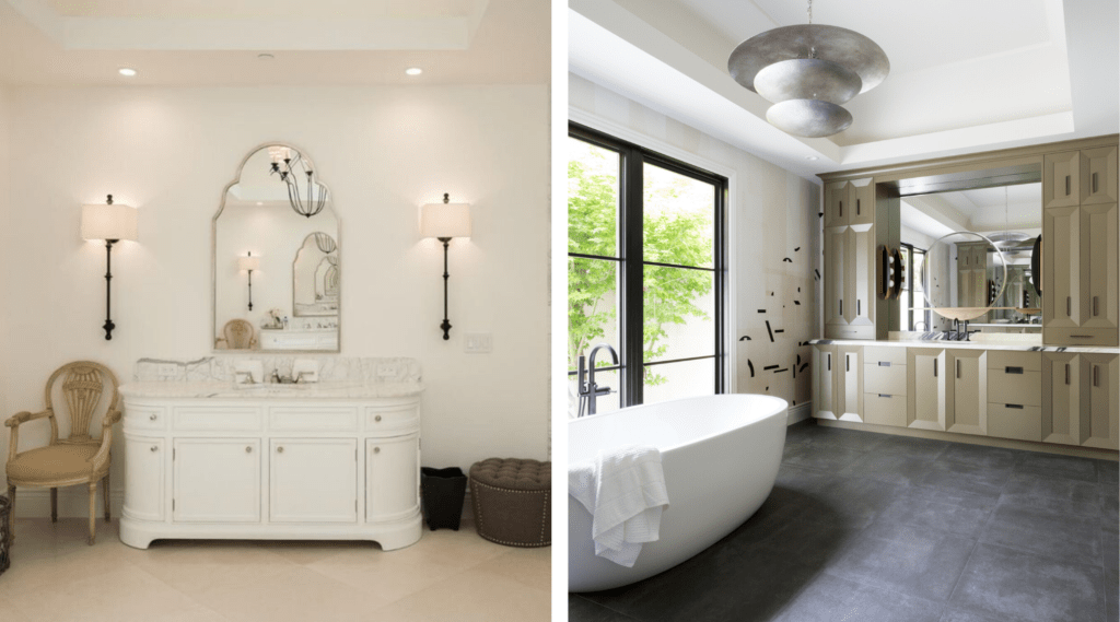 Modern bathroom with white soaking tub metallic chandelier