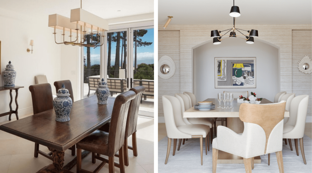 A modern dining room with a neutral palette, Theodore Alexander chairs, and artwork