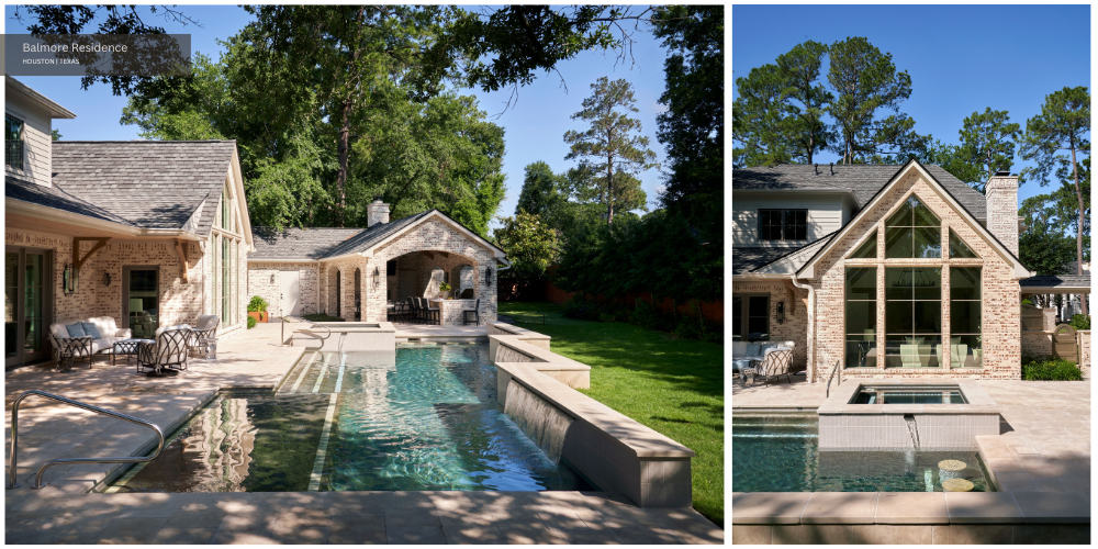 The backyard, pool, loggia, and patio of a transitional brick house.