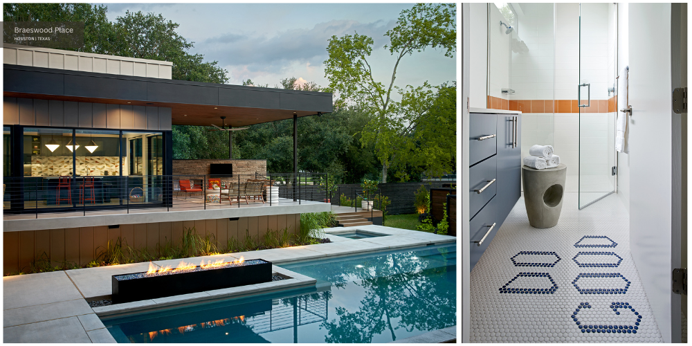 The pool house and pool at our Braeswood Place project on the left and the bathroom on the right.