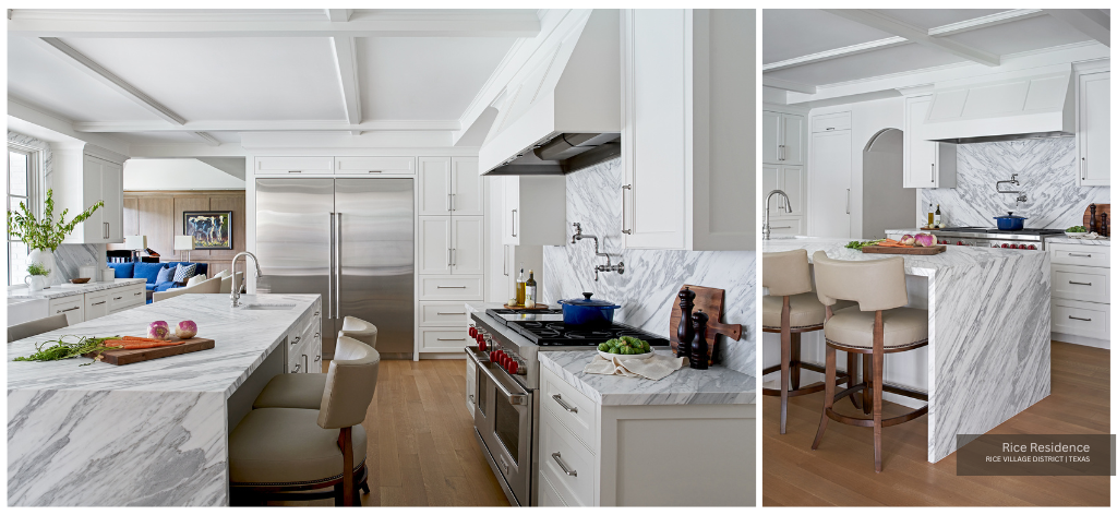 Rice Residence kitchen with statement marble that has gray veining