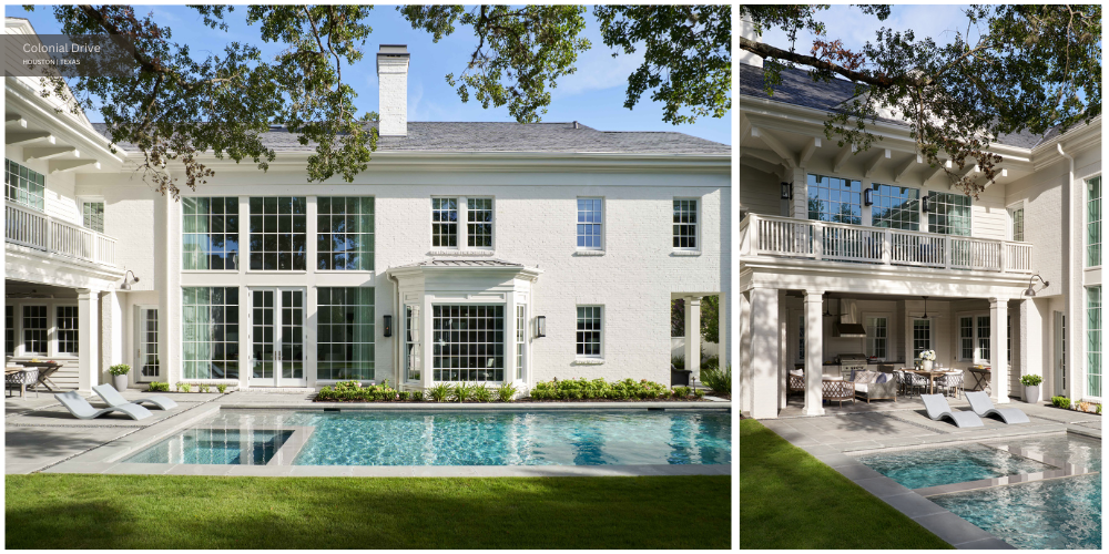 The backyard and pool of a Neoclassical home.