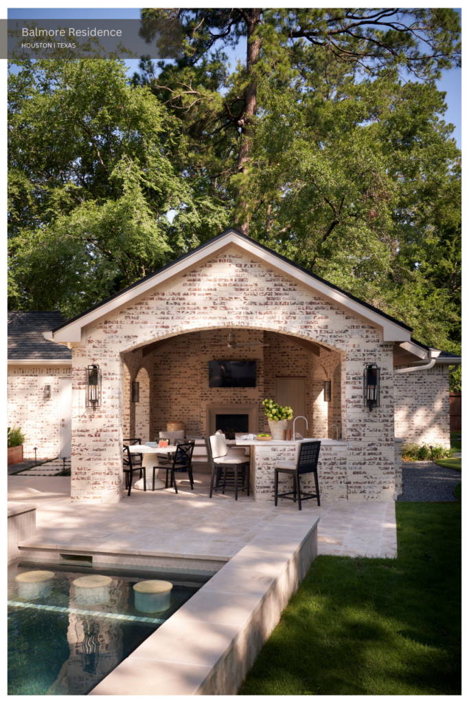 A brick loggia and pool with seats.