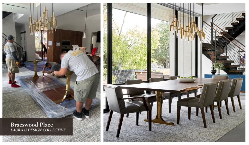 Design team installing a custom wood dining table beneath a modern brass chandelier in a contemporary open-plan home.