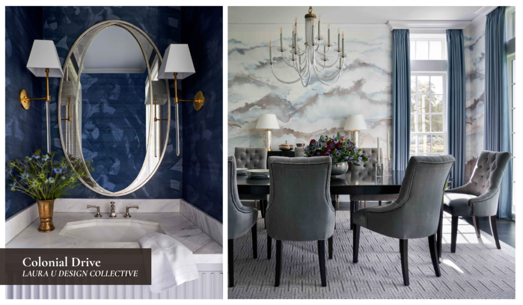 Sophisticated powder room with deep blue textured walls, marble vanity, oval mirror, and brass sconces. Formal dining room with tufted chairs, statement chandelier, and soft landscape mural wallpaper in calming blue and gray tones.