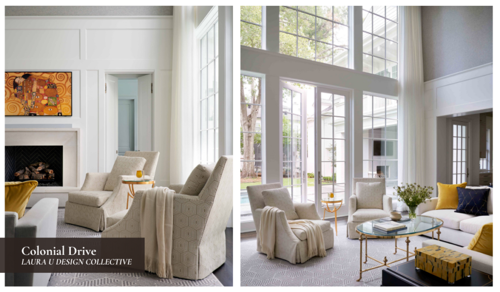 Elegant sitting area with patterned armchairs, a fireplace, and tall white paneled walls creating a light, classic interior.