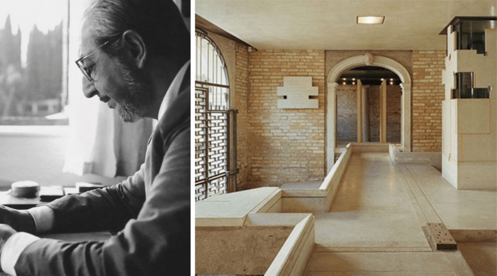 A photo of Carlo Scarpa and one of his architectural works in Italy
