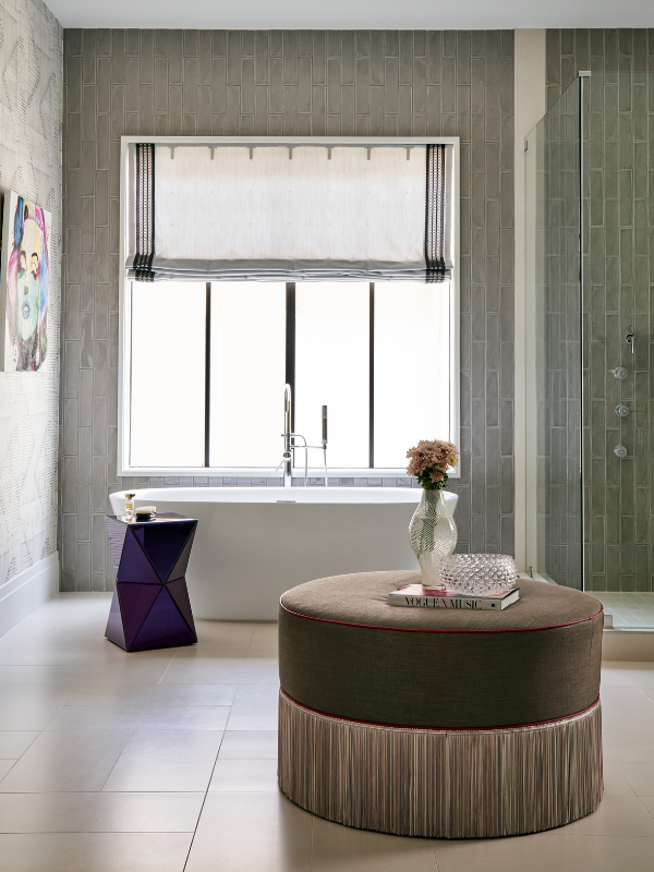 Highland Contemporary primary bath with Roman shades