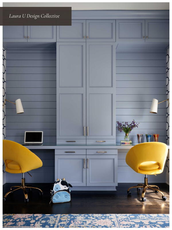 Small home office with a dual workstation layout and lots of surface space featuring pastel blue built-ins, ample vertical space, and cheerful yellow desk chairs.
