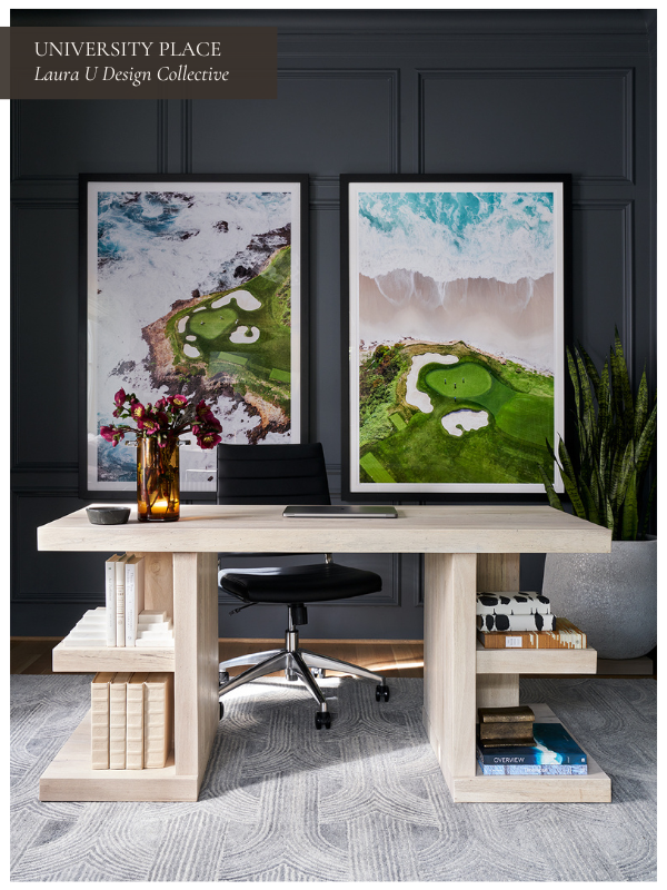 Modern home office with light wood desk, natural textures, and golf course photography adding personality.