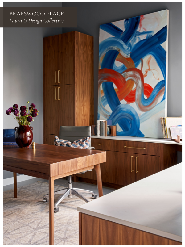 Contemporary home office space with walnut cabinetry, a sleek desk chair, and bold abstract artwork.
