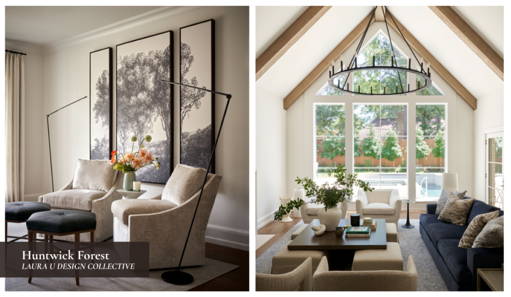 Reading corner with upholstered armchairs, oversized botanical artwork, and soft neutral styling in a transitional interior. Vaulted living room with exposed beams, circular chandelier, and layered neutral seating arranged around a central coffee table.