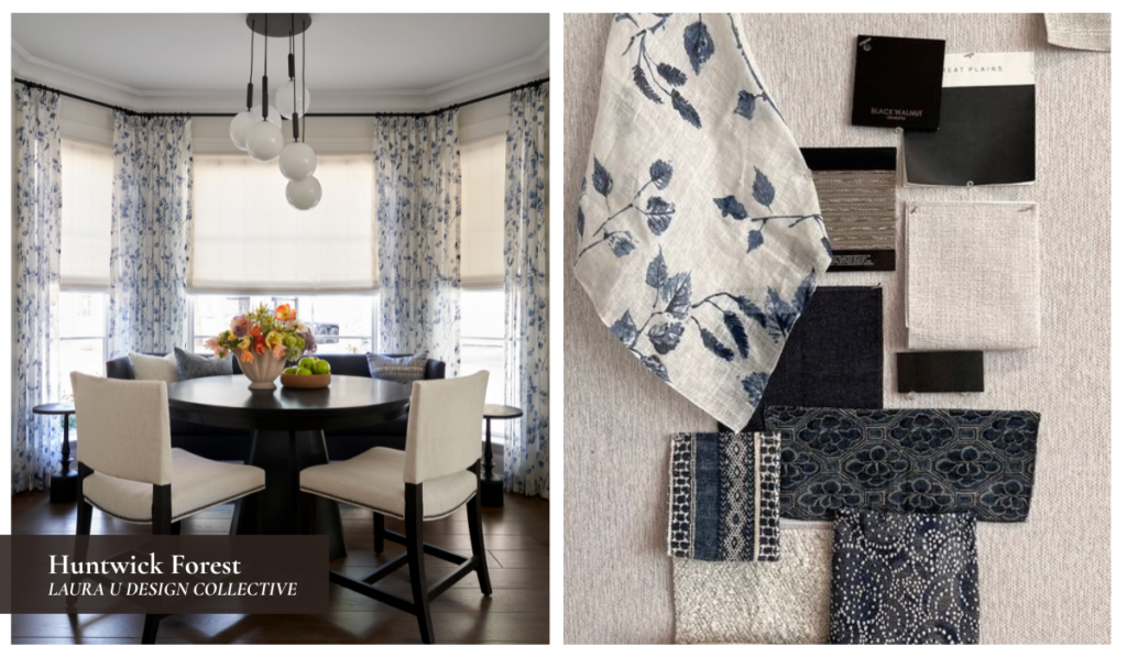 Cozy breakfast nook with round dark wood table, upholstered chairs, and blue patterned drapery framing bay windows. Curated selection of blue and neutral fabric samples showcasing layered textures and patterns for interior design planning.
