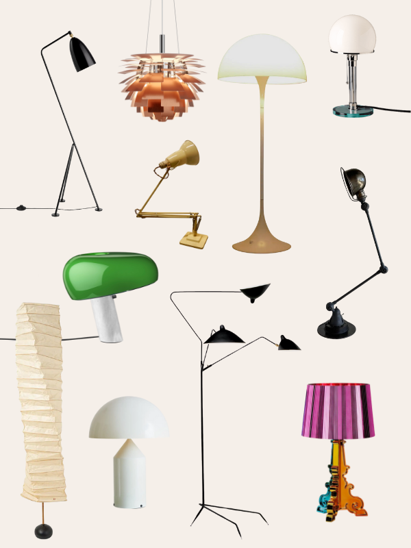 Iconic lamps throughout history in a collage format