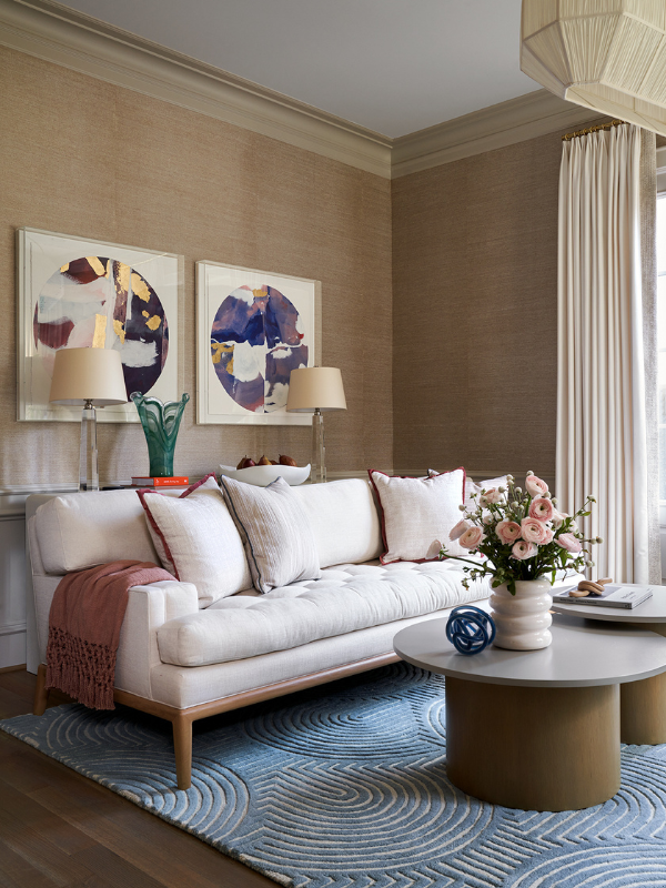 the formal living room with blues, tans, and beige tones at University Place